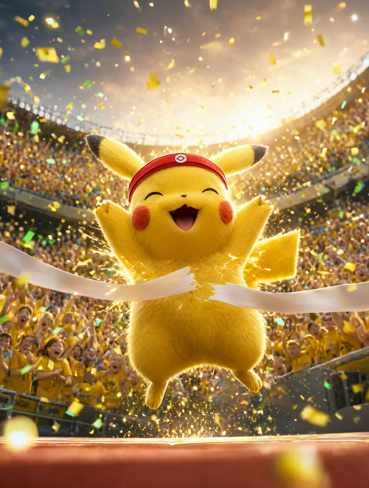 Pikachu breaking the finish tape