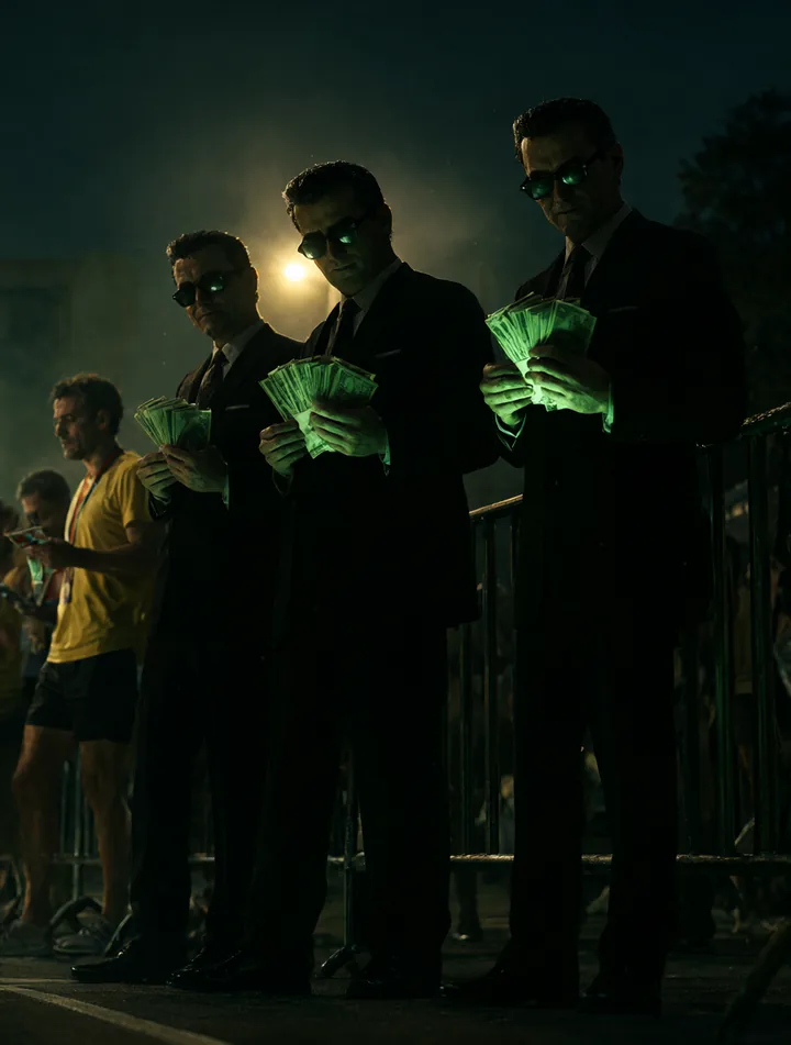 Scalpers with cash waiting behind the finish-line barrier