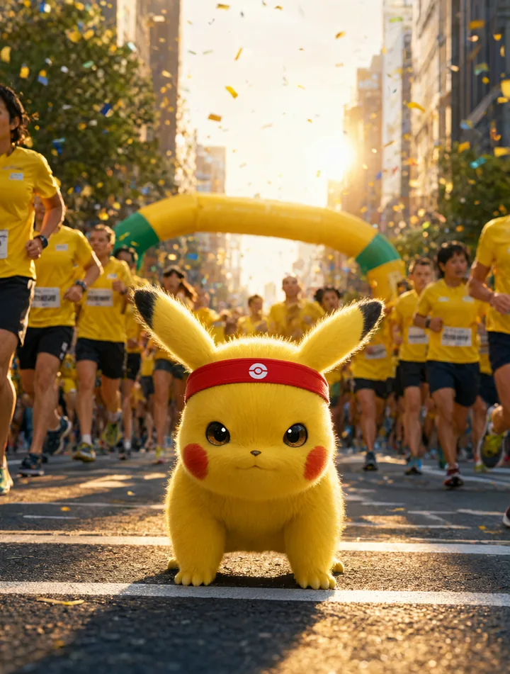 Pikachu crouched at the start line of a marathon